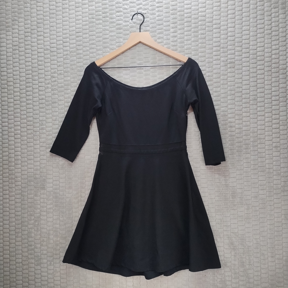 Lulu's Black Long Sleeve Mini Dress-Sheer Waist Panels-A-Line Hem